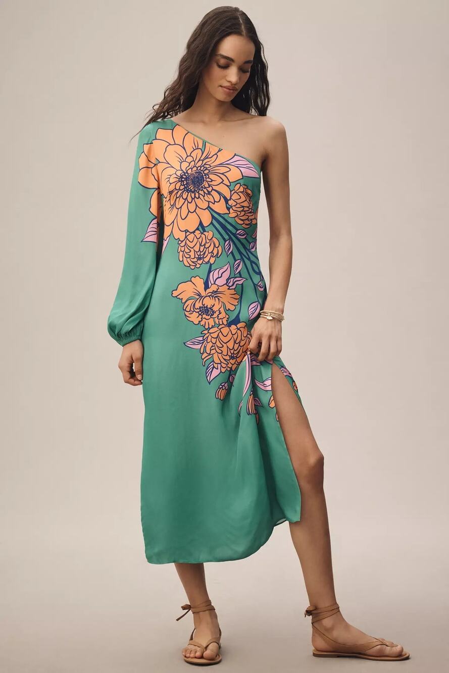 NWT Farm Rio One-Shoulder Floral Midi Dress $248 Large Petite LP Green Pink